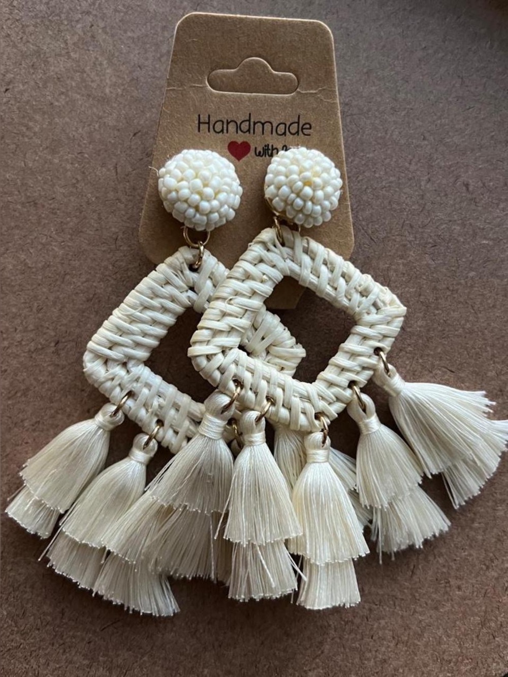 Handmade Cream Tassel Woven Drop Earrings